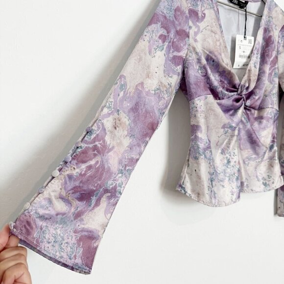 NWT Zara Satin Marble Printed Flare Sleeve V-Neck Twist Blouse Top New Small - Picture 2 of 7